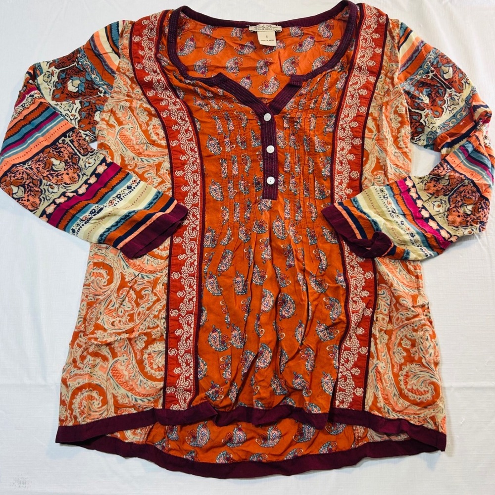 Lucky Brand Womens Orange Paisley Mixed Print Boho Henley Tunic Top Small